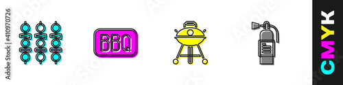 Set Grilled shish kebab, Barbecue, grill and Fire extinguisher icon. Vector.