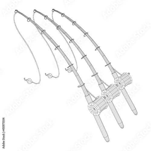 Fishing rod with line sinker and hook. Wireframe low poly mesh vector illustration.