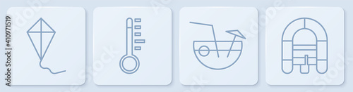Set line Kite, Coconut cocktail, Meteorology thermometer and Rafting boat. White square button. Vector.