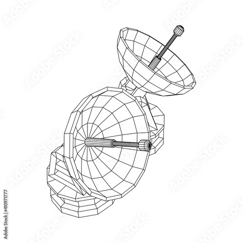 Radar. Directional radio antenna with satellite dish. Astronomy radio telescope . Wireframe low poly mesh vector illustration