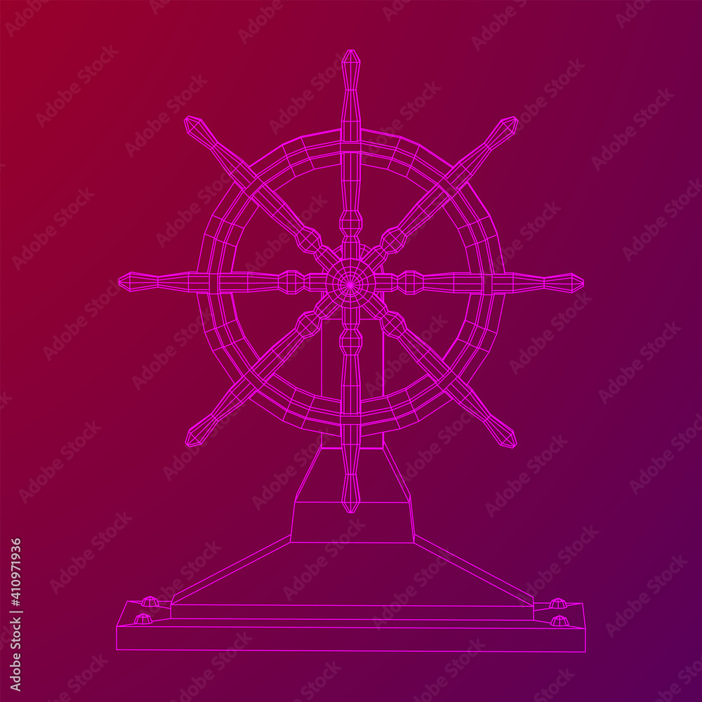 Ship steering wheel. Marine rudder. Wireframe low poly mesh vector illustration.