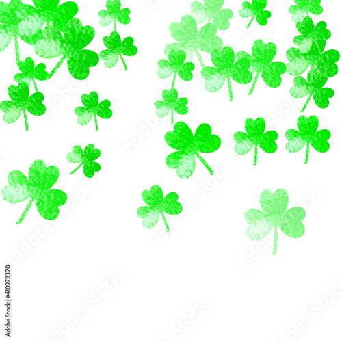 Shamrock background for Saint Patricks Day. Lucky trefoil confetti. Glitter frame of clover leaves.. Template for party invite, retail offer and ad. Merry shamrock background.