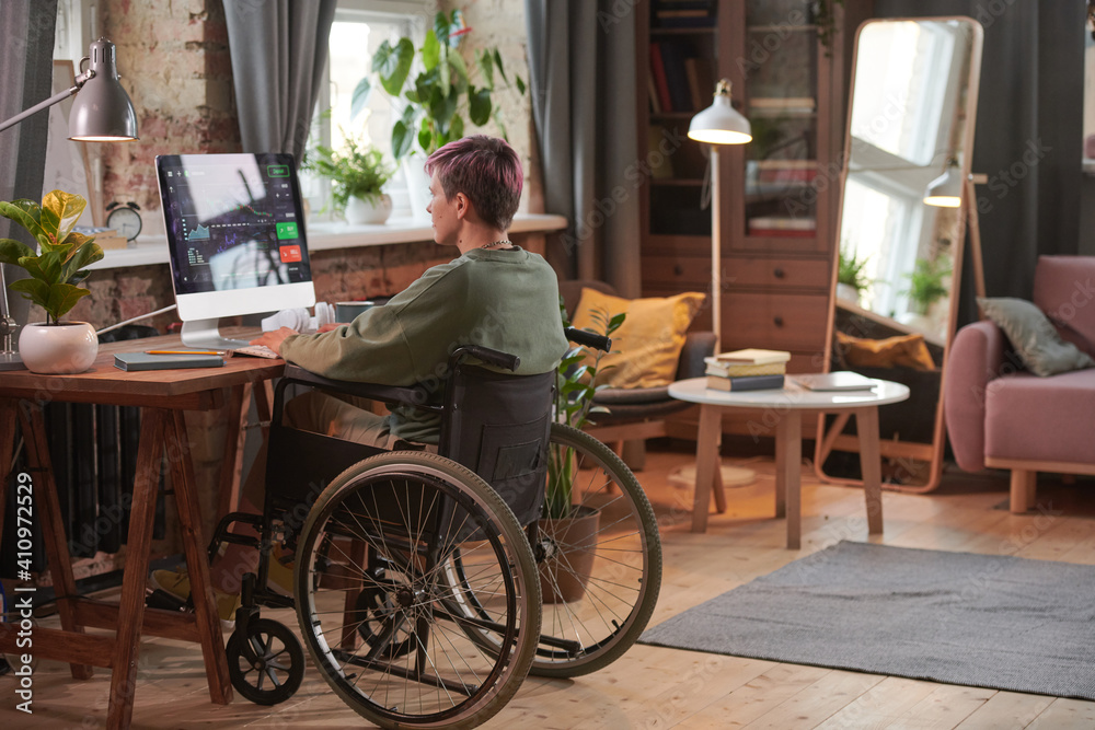 Rear view of disabled woman working as a programmer on computer with new software in domestic room Rear view of disabled woman working as a programmer on computer with new software in domestic room