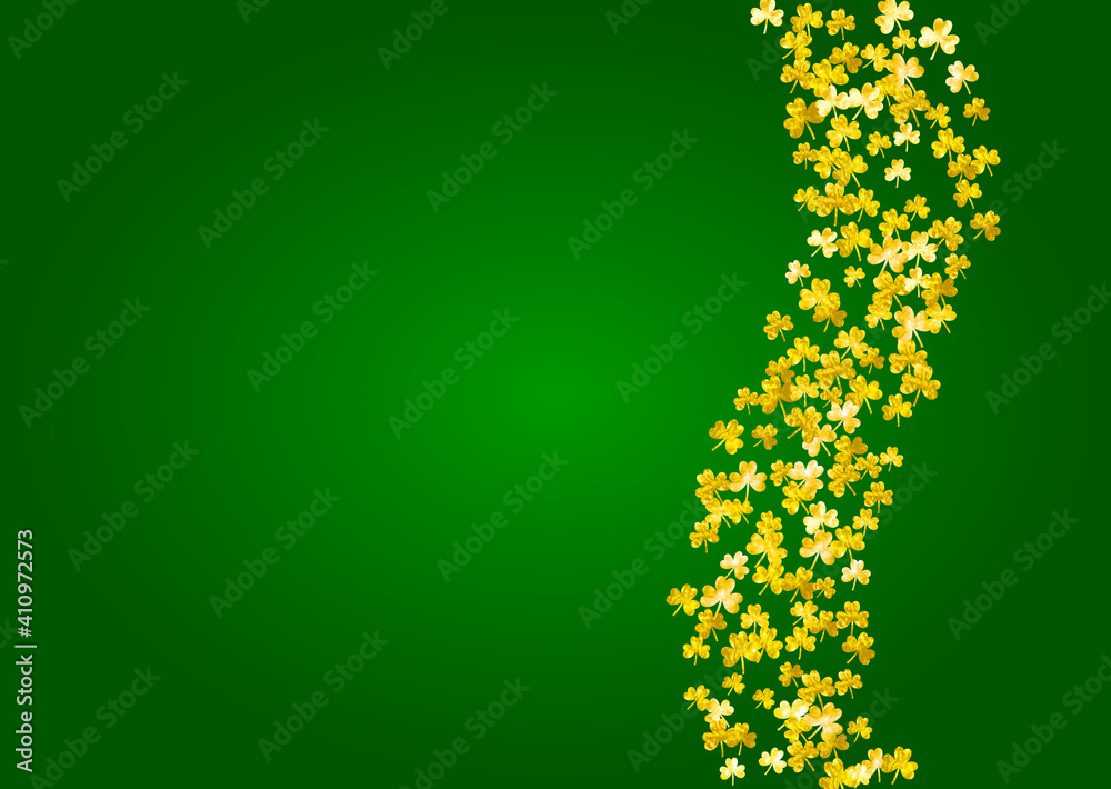 Shamrock background for Saint Patricks Day.  Lucky trefoil confetti. Glitter frame of clover leaves. Template for special business offer, banner, flyer. Happy shamrock background.