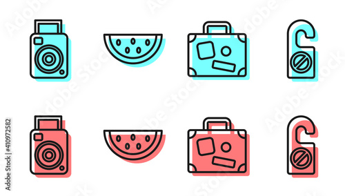 Set line Suitcase, Photo camera, Watermelon and Please do not disturb icon. Vector.