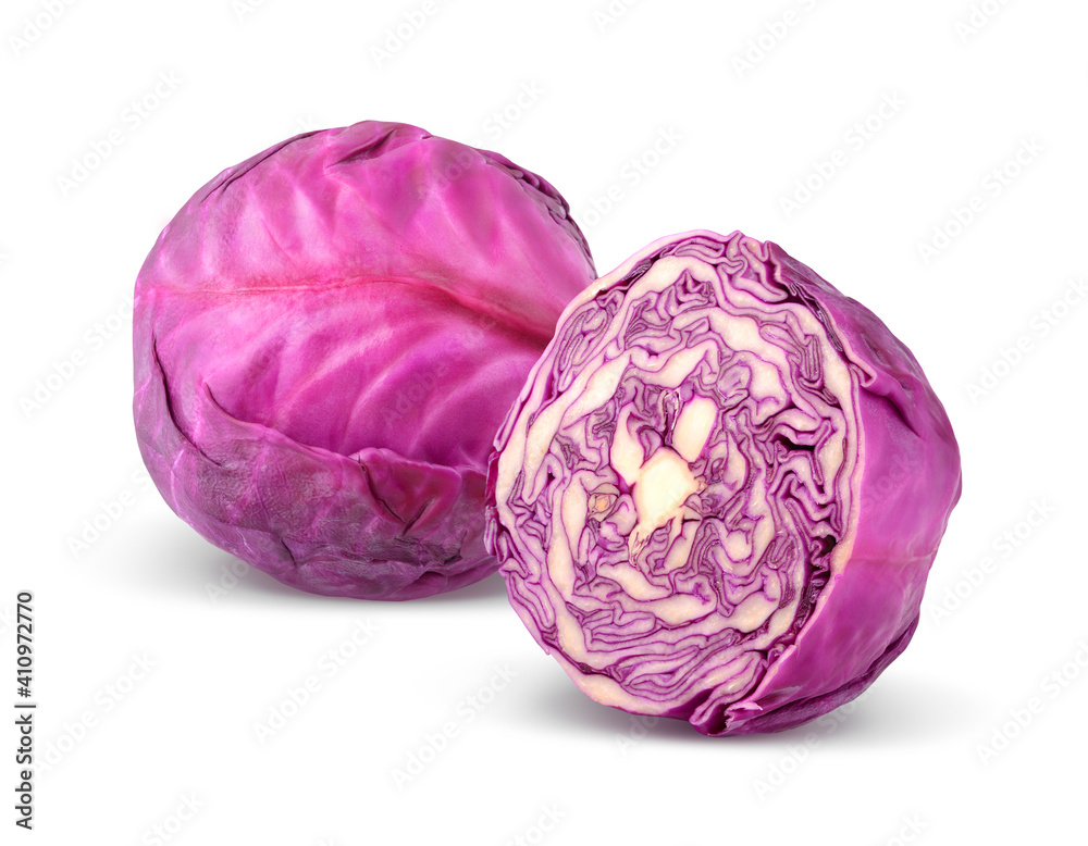 Red cabbage. Whole and half. Isolated on white background. Red cabbage. Whole and half. Isolated on white background.