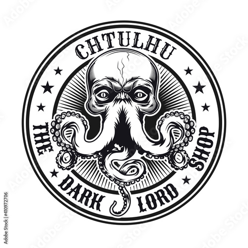 Vintage emblem with Cthulhu head vector illustration. Monochrome sign or sticker with mythical octopus. Horror and mythology concept can be used for sticker and badge