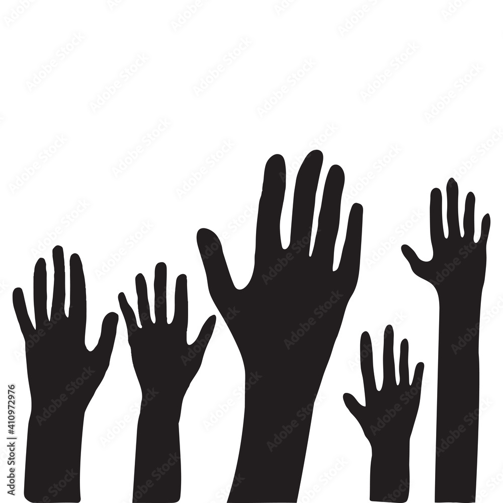 Silhouette of hands on a white background. The hand is vector in the crowd of other hands. Hands web illustration