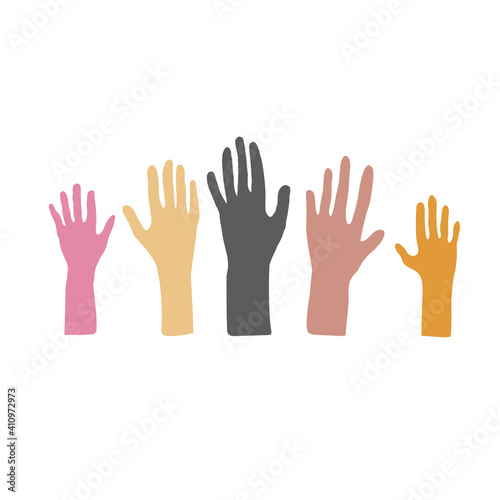 Hands care logo. Support logo out of hand. Hands up in defense of your rights vector. Consent and voting for freedom logo