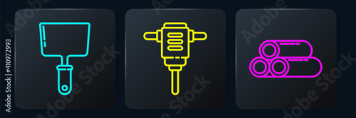 Set line Putty knife, Industry metallic pipe and Electric rotary hammer drill. Black square button. Vector.