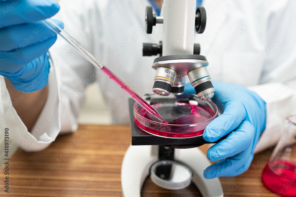 Asian scientist biochemist or microbiologist working research with a microscope in laboratory. For protect outbreak Coronavirus Covid19, bacteria and germs. Asian scientist biochemist or microbiologist working research with a microscope in laboratory. For protect outbreak Coronavirus Covid19, bacteria and germs.