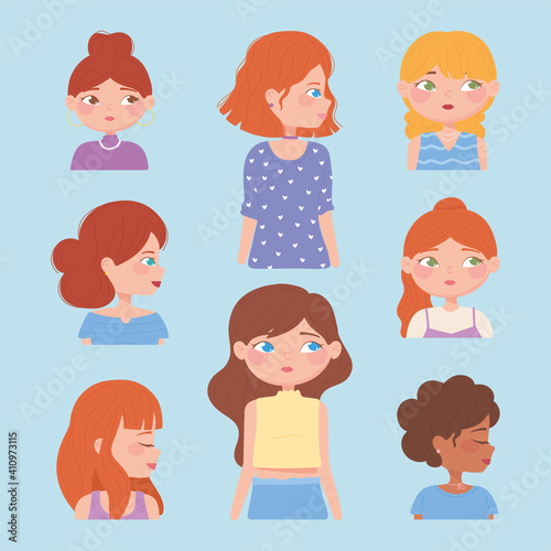diverse female portraits and faces cartoon