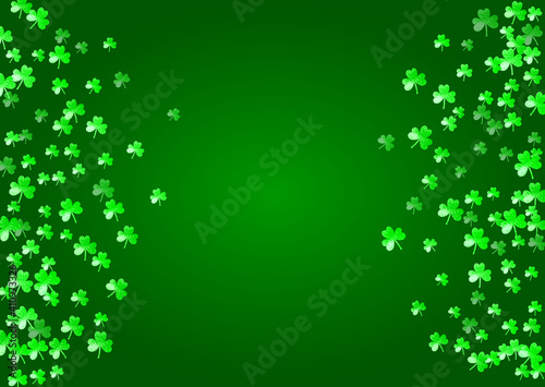 Saint patricks day background with shamrock. Lucky trefoil confetti. Glitter frame of clover leaves. Template for voucher, special business ad, banner. Greeting saint patricks day backdrop.