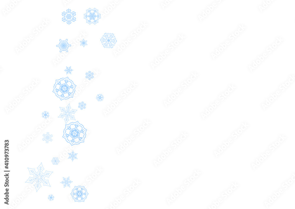 Winter frame with blue snowflakes for Christmas and New Year celebration. Horizontal winter frame on white background for banners, gift coupons, vouchers, ads, party events. Falling frosty snow. Winter frame with blue snowflakes for Christmas and New Year celebration. Horizontal winter frame on white background for banners, gift coupons, vouchers, ads, party events. Falling frosty snow.