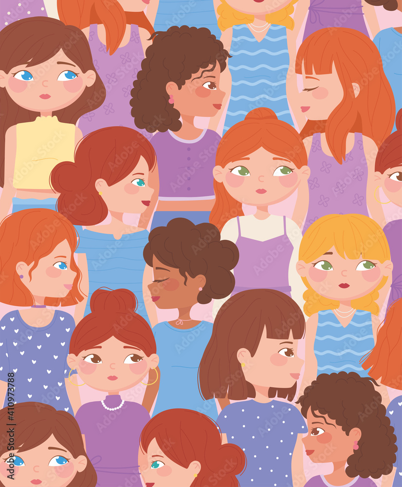 female diverse faces cartoon characters background female diverse faces cartoon characters background