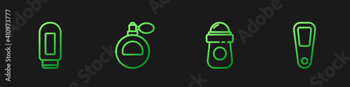 Set line Antiperspirant deodorant roll, Cream lotion cosmetic tube, Perfume and Hand mirror. Gradient color icons. Vector.