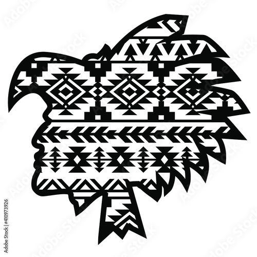 Aztec Tribal warrior with aztec Southwest pattern. Vector illustration warrior black silhouette traditional pattern isolated on white for design. 