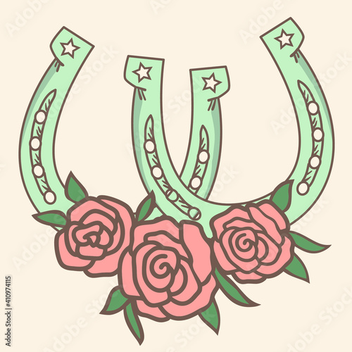 Lucky Horseshoe with floral decorations. Vector vintage illustration clipart isolated for design