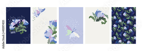 set of cards with floral motives. Vector peonies, butterflies, floral ornaments on blue and white background