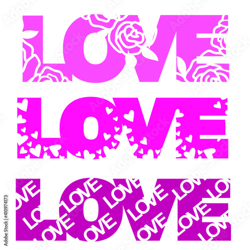 Love word lettering with romantic decoration. Vector pink illustration for greeting card isolated on white 