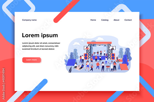 Outdoor rock concert and food festival. Crowd of people listening to music in park, enjoying camping, picnic and barbecue. Vector illustration for open air party, leisure, event concept