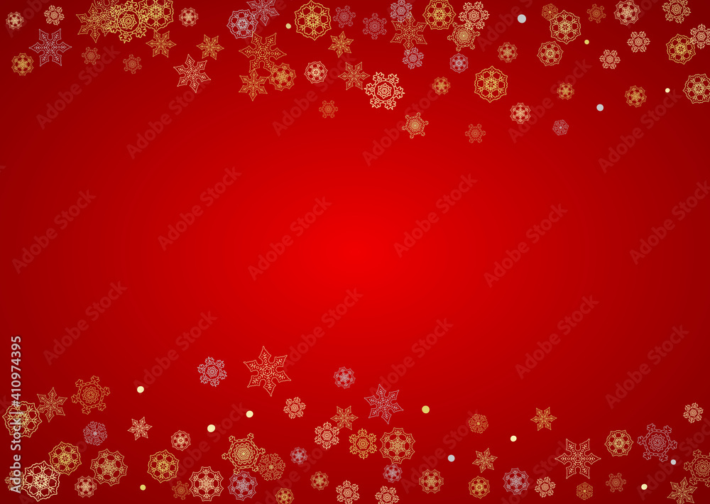 Christmas snow on red background. Glitter frame for winter banners, gift coupon, voucher, ads, party event. Santa Claus colors with golden Christmas snow. Horizontal falling snowflakes for holiday.