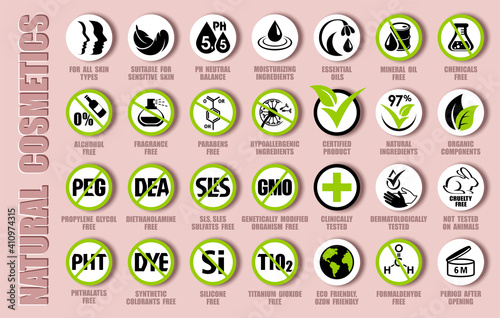 Vector package icon set of natural cosmetics icons, organic components signs, bio ingredients pictograms, eco friendly labels, bio products packaging