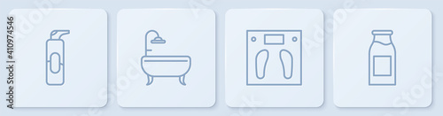 Set line Spray can for hairspray, Bathroom scales, Bathtub and Bottle with milk. White square button. Vector.