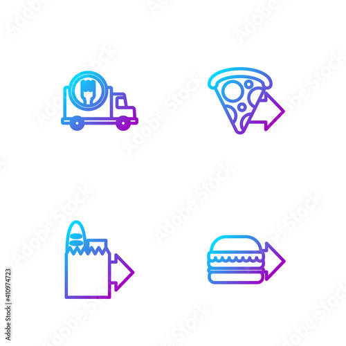 Set line Online ordering burger delivery, and, Fast by car and pizza. Gradient color icons. Vector.