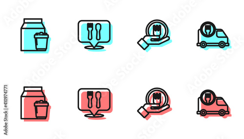 Set line Online ordering and delivery, , Cafe restaurant location and Fast by car icon. Vector.