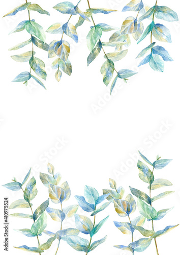 Floral border .Garland of a eucalyptus branches.Frame of a herbs.Watercolor hand drawn illustration.It can be used for greeting cards, posters, wedding cards. 