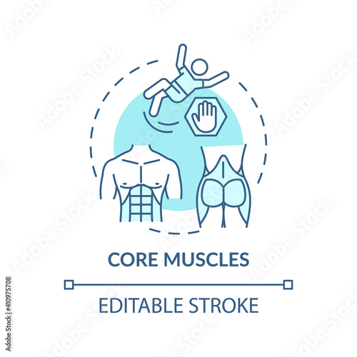 Core muscles concept icon. Physical training type idea thin line illustration. Better balance and stability. Tightening abdominal muscles. Vector isolated outline RGB color drawing. Editable stroke