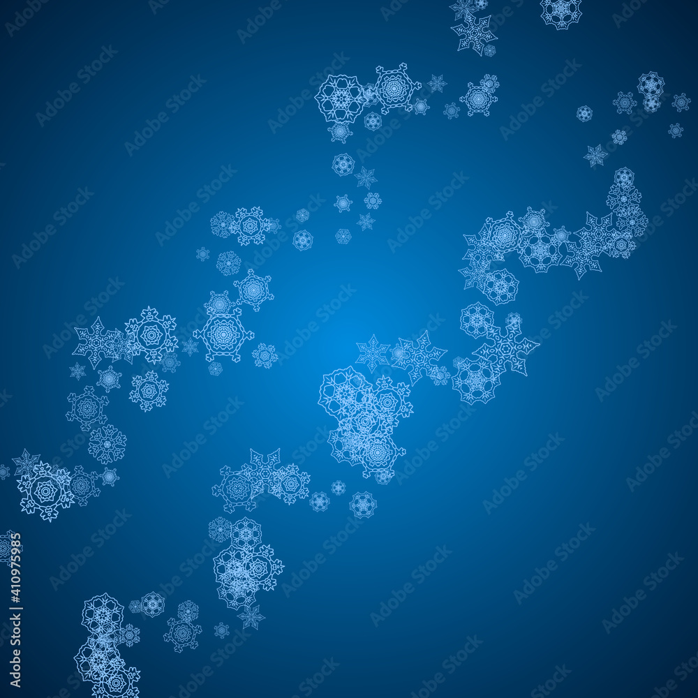 New Year snowflakes on blue background with sparkles. Winter theme. Christmas and New Year snowflakes  falling. For season sales, special offer, banners, cards, party invites, flyer. White frosty snow