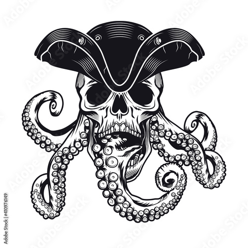 Pirate skull with tentacles tattoo template. Monochrome element with octopus in dead had in hat vector illustration. Sea life concept for symbols and emblems design