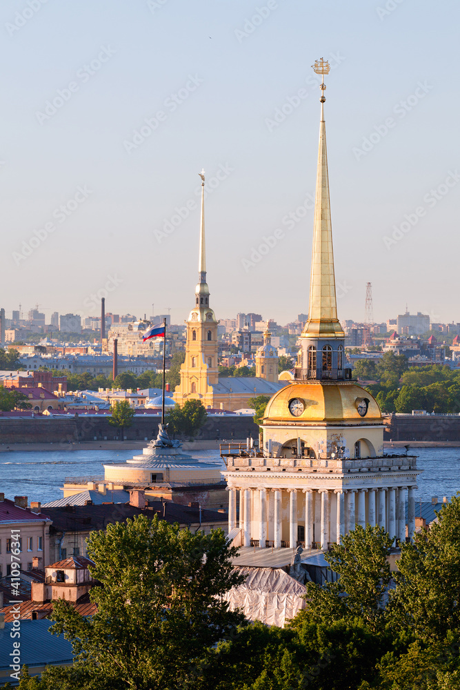 Panoramic aerial view of the Peter and Paul fortress, the Neva river and the spire of the Admiralty in the center of St. Petersburg city, Russia