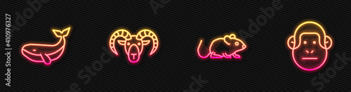 Set line Rat, Whale, Head of goat or ram and Monkey. Glowing neon icon. Vector.