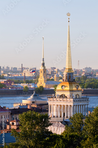 Panoramic aerial view of the Peter and Paul fortress  the Neva river and the spire of the Admiralty in the center of St. Petersburg city  Russia