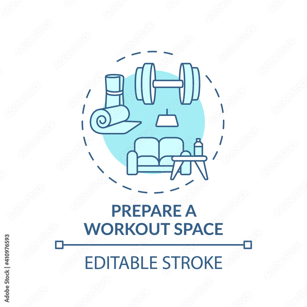 Preparing workout space concept icon. Home physical training tip idea thin line illustration. Motivational atmosphere. Floors protection. Vector isolated outline RGB color drawing. Editable stroke Preparing workout space concept icon. Home physical training tip idea thin line illustration. Motivational atmosphere. Floors protection. Vector isolated outline RGB color drawing. Editable stroke