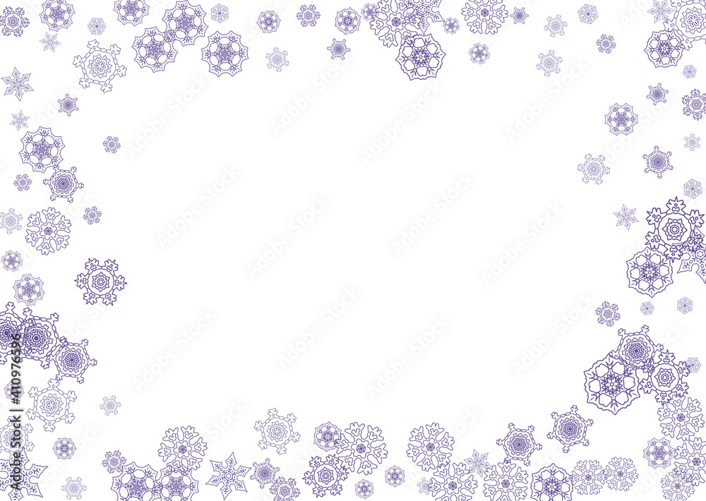 Winter border with ultraviolet snowflakes. Snow frame for flyer, gift card, invitation, business offer and ad. Christmas trendy background. Holiday winter border. New Year frosty backdrop Winter border with ultraviolet snowflakes. Snow frame for flyer, gift card, invitation, business offer and ad. Christmas trendy background. Holiday winter border. New Year frosty backdrop