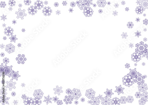 Winter border with ultraviolet snowflakes. Snow frame for flyer, gift card, invitation, business offer and ad. Christmas trendy background. Holiday winter border. New Year frosty backdrop