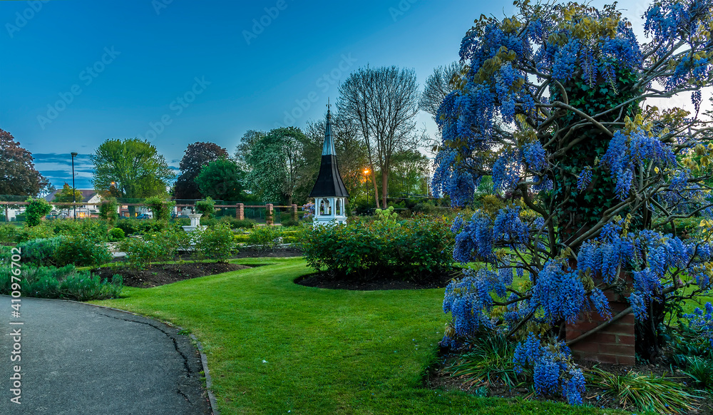The entrance to the Rose Garden in Market Harborough, UK on a spring evening