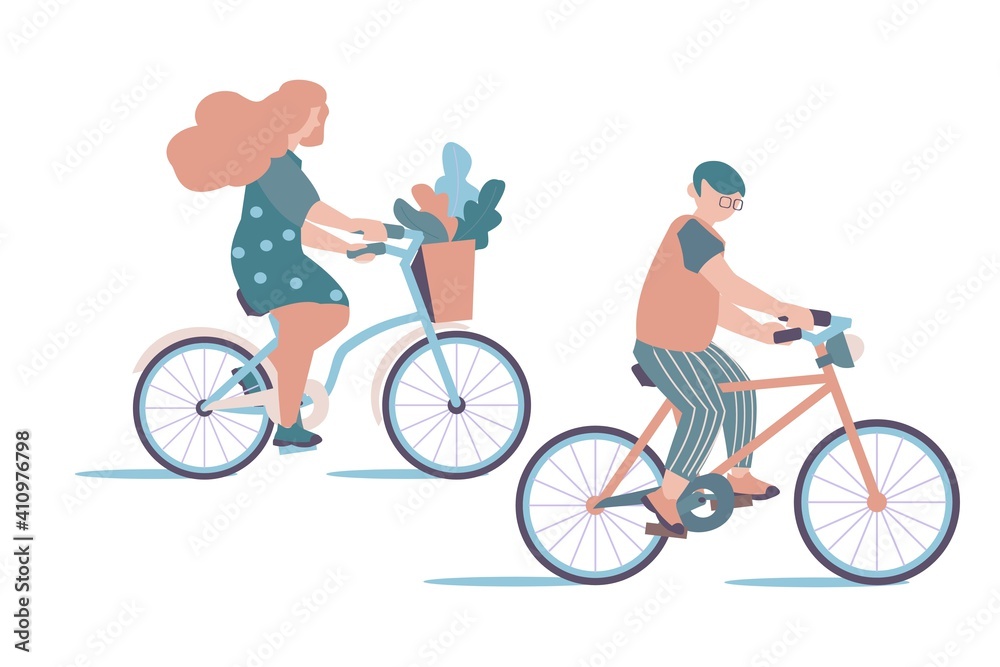 Women and men riding bicycles Vector flat illustration Women and men riding bicycles Vector flat illustration