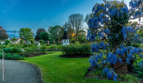The entrance to the Rose Garden in Market Harborough, UK on a spring evening