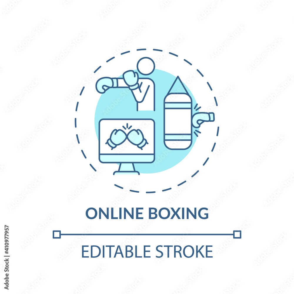 Online boxing concept icon. Remote workout program idea thin line illustration. Fat loss. Cardiovascular and strength-training benefit. Vector isolated outline RGB color drawing. Editable stroke Online boxing concept icon. Remote workout program idea thin line illustration. Fat loss. Cardiovascular and strength-training benefit. Vector isolated outline RGB color drawing. Editable stroke