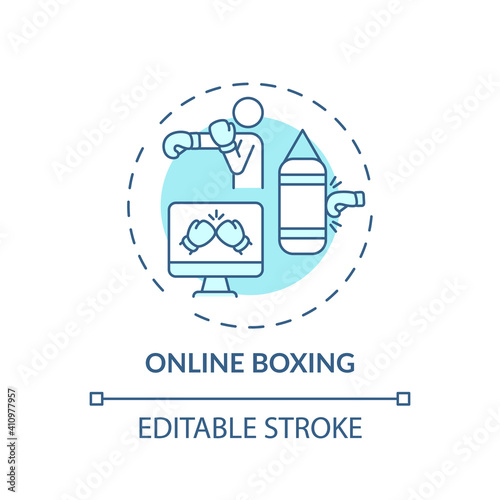 Online boxing concept icon. Remote workout program idea thin line illustration. Fat loss. Cardiovascular and strength-training benefit. Vector isolated outline RGB color drawing. Editable stroke