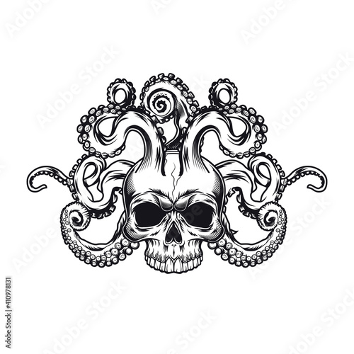 Skull with tentacles tattoo template. Monochrome element with octopus in pirate dead head vector illustration. Sea life concept for symbols and emblems design