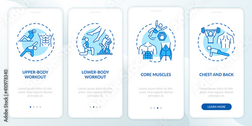 Physical training types onboarding mobile app page screen with concepts. Upper-body, lower-body workout walkthrough 4 steps graphic instructions. UI vector template with RGB color illustrations