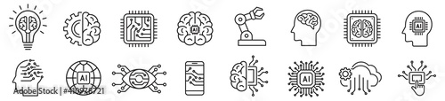 Artificial intelligence icons set in line style. Black vector illustration on white background.