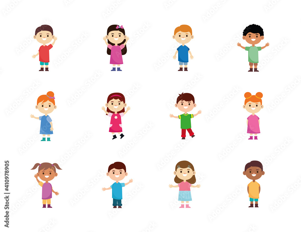 group of twelve happy interracial little children characters vector illustration design