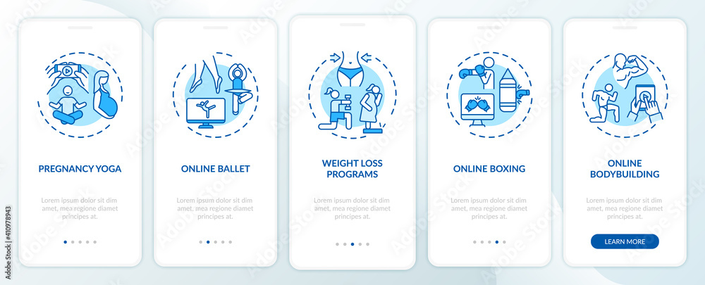 Online workout programs onboarding mobile app page screen with concepts. Yoga, weight loss, ballet walkthrough 5 steps graphic instructions. UI vector template with RGB color illustrations Online workout programs onboarding mobile app page screen with concepts. Yoga, weight loss, ballet walkthrough 5 steps graphic instructions. UI vector template with RGB color illustrations